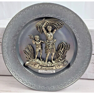 German Hiking/Walking 3D Decorative Silver Pewter Plate 'Sommer' 1983, Vintage
